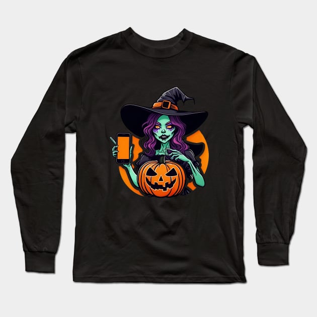 Witch holding a cell phone Long Sleeve T-Shirt by CreativeXpro